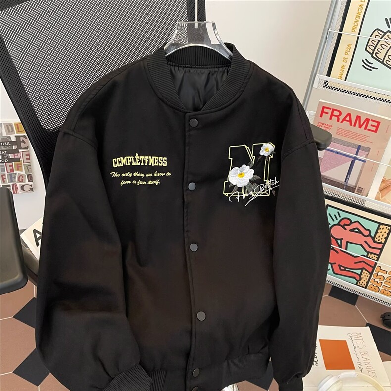 山茶花刺绣美式棒球服男秋冬高街潮牌痞帅休闲飞行夹克衫外套,男装夹克,星座601-1
