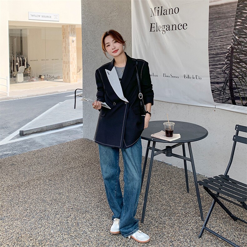 条纹拼接黑色西装外套女春秋2025新款高级感通勤气质休闲西服爆款,女装西装,浙宝285（原212）