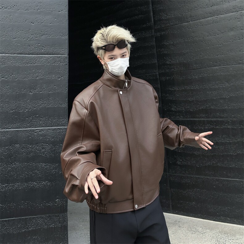 垫肩夹克外套男设计感廓形翻领短款pu皮衣拉链外套复古HY199,男装皮衣,星座506