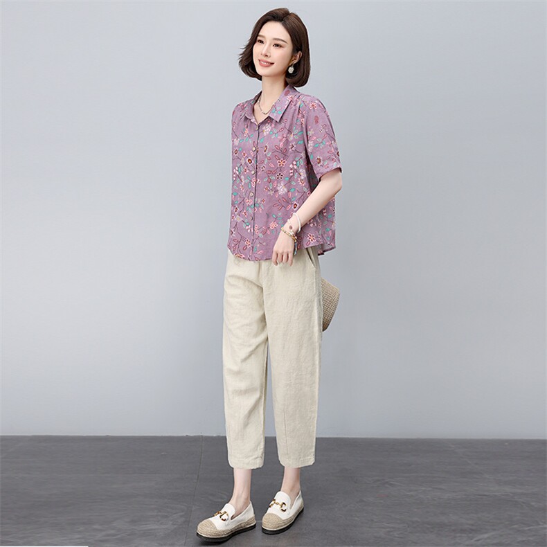 时尚印花衬衫棉麻套装女2025夏季新款中年妈妈洋气减龄亚麻两件套,女装套装/套裙,依恋蒂丝