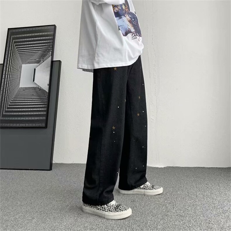 漆点星星刺绣牛仔裤男宽松直筒夏季薄款潮百搭黑色阔腿K1351-P40,男装牛仔裤,星座512-2