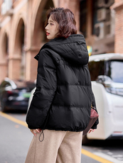 现货2024冬季新款百搭简约格子拼接连帽羽绒服外套，女装羽绒服，深水步