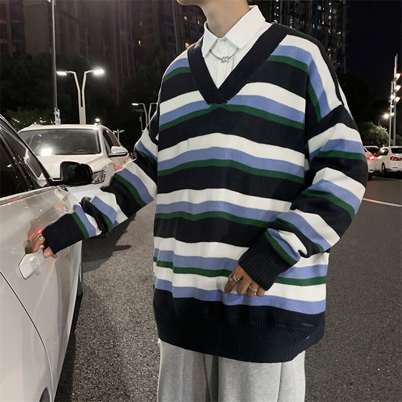 毛衣复古日系慵懒春秋新款上衣宽松蓝色条纹v领针织衫M113-P38,男装针织衫/毛衣,星座512-4