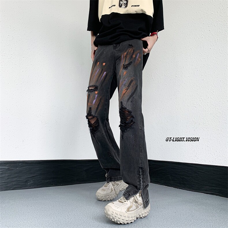 B221美式ins高街暗黑小众喷墨拉链破洞牛仔裤LK23085-P65控88,男装牛仔裤,电商B221