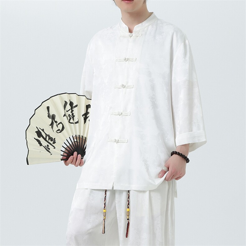 2025夏季新款立领大码盘扣上衣新中式男士七分袖衬衫CS100-P55,男装衬衫,电商A008