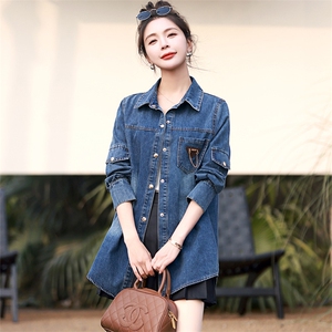 欧洲站牛仔衬衣女2024春秋新款休闲百搭小个子中长款长袖牛仔衫潮图片