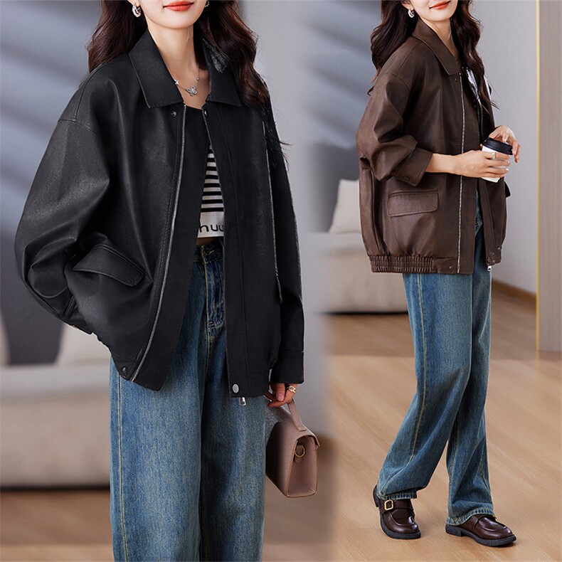 棕色皮衣外套女2024秋季新款小个子港风复古美式皮夹克美拉德机车，女装皮衣，江南女神