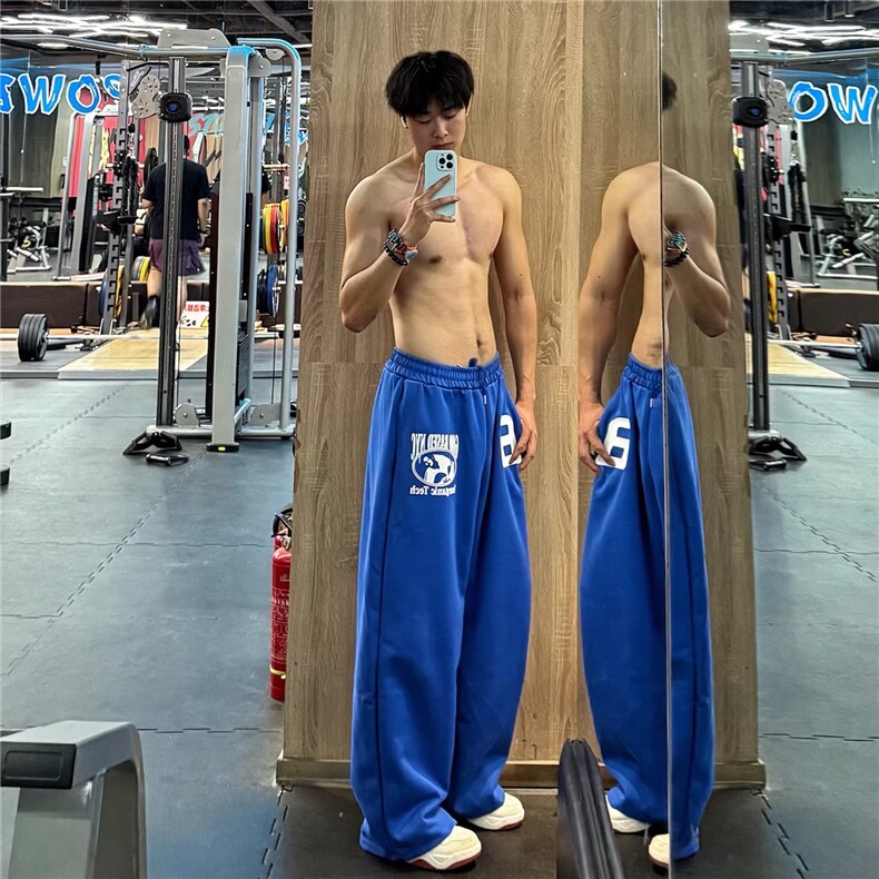 美式刺绣蓝色健身裤子男秋冬训练运动厚棉裤cleanfit直筒阔腿弯刀，男装棉裤，星座1210-1