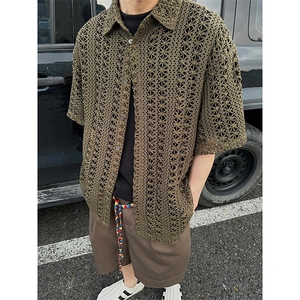 军绿色镂空针织短袖衬衫男高级感老钱风穿搭半袖衬衣cleanfit外套图片