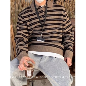 男士秋冬季套头毛衣针织衫polo翻领毛衣复古条纹上衣 M7805图片