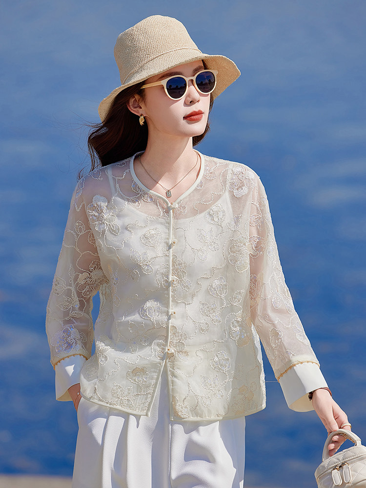甜美小香风刺绣欧根纱薄外套女2025春夏新款气质百搭防晒开衫上衣,女装短外套,靓衣阁