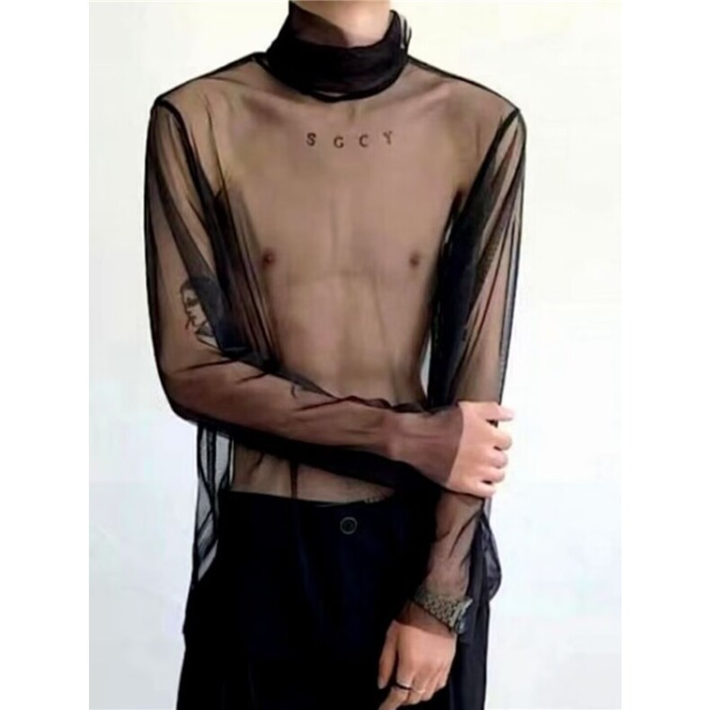 W115-P22高级感堆堆领网纱打底衫男士夏季长袖防晒衣，男装防晒衣，电商B323A