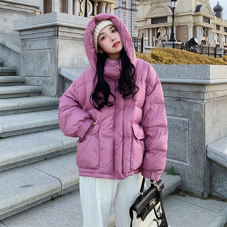 玫粉色连帽羽绒服冬季女2025新款小个子加厚韩系宽松白鸭绒短外套图片