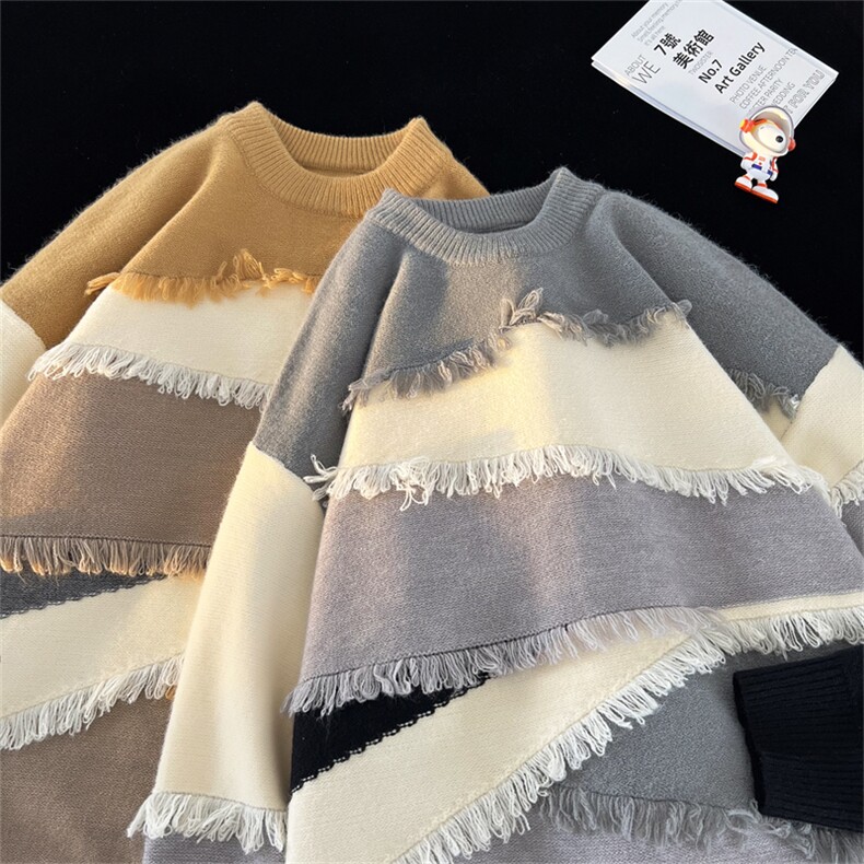 M8165/P75冬季新款韩系复古慵懒?宽松感拼色流苏软糯羊针织毛衣，男装针织衫/毛衣，电商A141