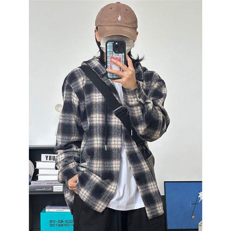 数据毛呢连帽格子衬衫磨毛中性加厚连帽衬衫外套CS069-P48,男装衬衫,星座301C-5
