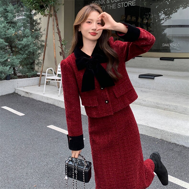 2025年冬季新款简约气质撞色拼接粗花呢小香风加棉套裙,女装套装/套裙,超帛