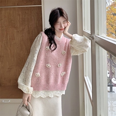 韩系甜美蕾丝上衣女2025早春新款针织马甲镂空打底衫潮，女装马甲，维壹