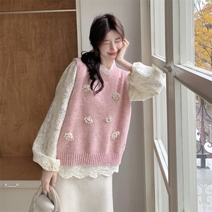 韩系甜美蕾丝上衣女2025早春新款针织马甲镂空打底衫潮图片