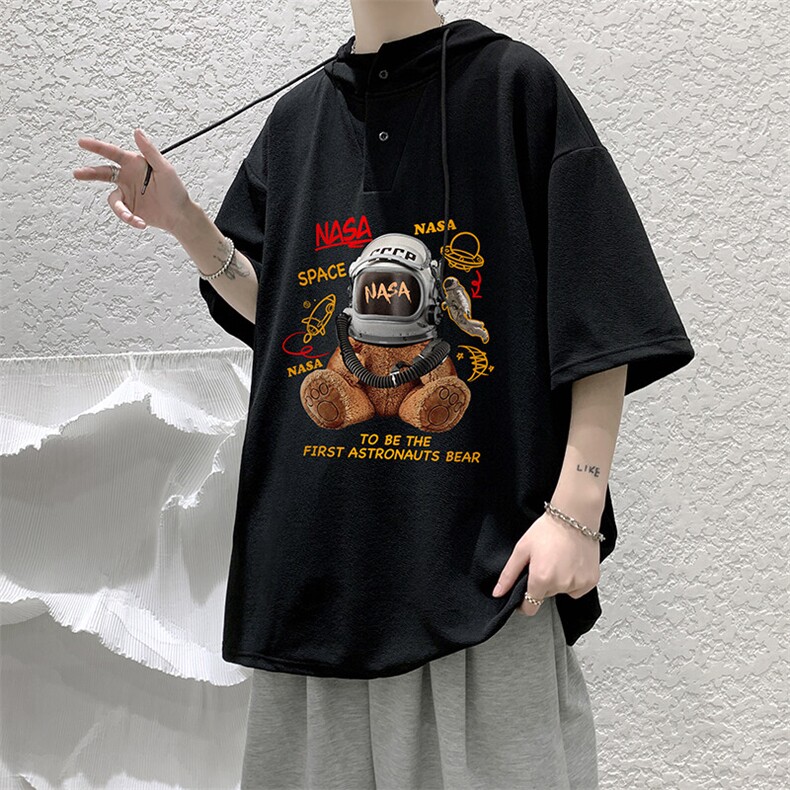 LD54281-P45NASA连帽短袖t恤男大码胖子带帽五分袖中袖,男装T恤,电商A040