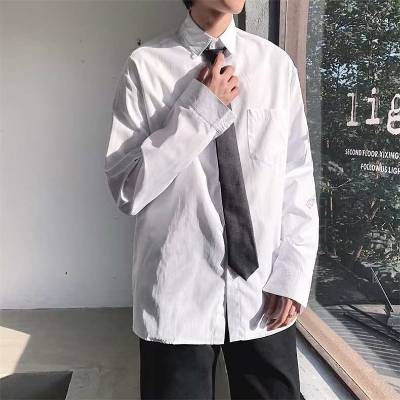 尖领长袖制服衬衫白色长袖衬衫男宽松情侣韩版学生毕业照班服衬,男装衬衫,星座302B-2