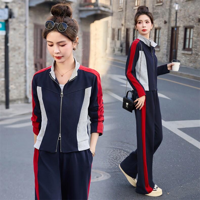 运动套装女春秋2025新款时尚显瘦开衫拼色休闲服立领卫衣两件套棉,女装套装/套裙,凝聚力