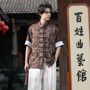 夏季中式风棉麻衬衫海水江崖烫金印花铜扣盘扣立领短袖唐装 P70图片