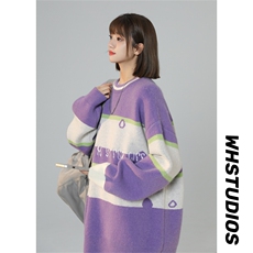 M8161/P65冬季美式时尚撞色条纹圆领?袖毛衣宽松休闲男女bf，女装针织衫/毛衣，电商A141