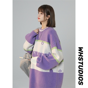 M8161/P65冬季美式时尚撞色条纹圆领?袖毛衣宽松休闲男女bf图片
