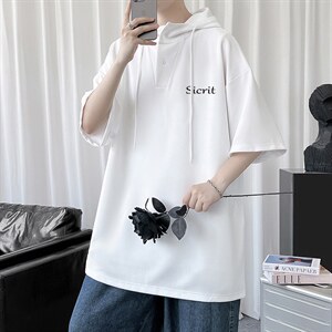 LD54098-P45 连帽短袖t恤男大码胖子带帽五分袖中袖图片