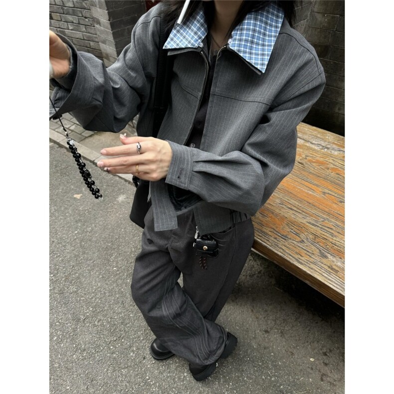 365-P67 美式复古拼接假两件夹克miu系男女cleanfit高级休闲图片