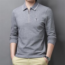 春秋男士时尚长袖POLO衫休闲百搭舒适柔软棉打底衫纯色上衣男装，男装T恤，钱塘6003（原4033）