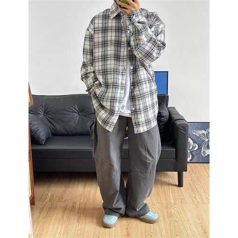 美式复古格子衬衫男秋季潮牌高街长袖衬衣青年百搭外套WL6032-p41,男装衬衫,星座1008