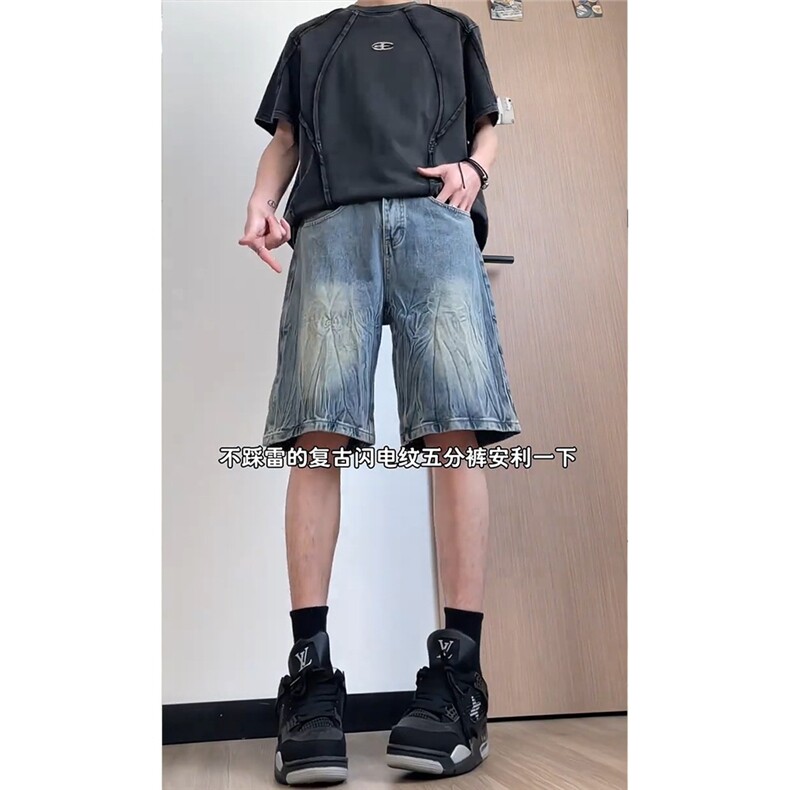 复古蓝闪电纹牛仔短裤男款夏季美式水洗做旧潮牌直筒裤子XXF620,男装牛仔裤,星座208-5