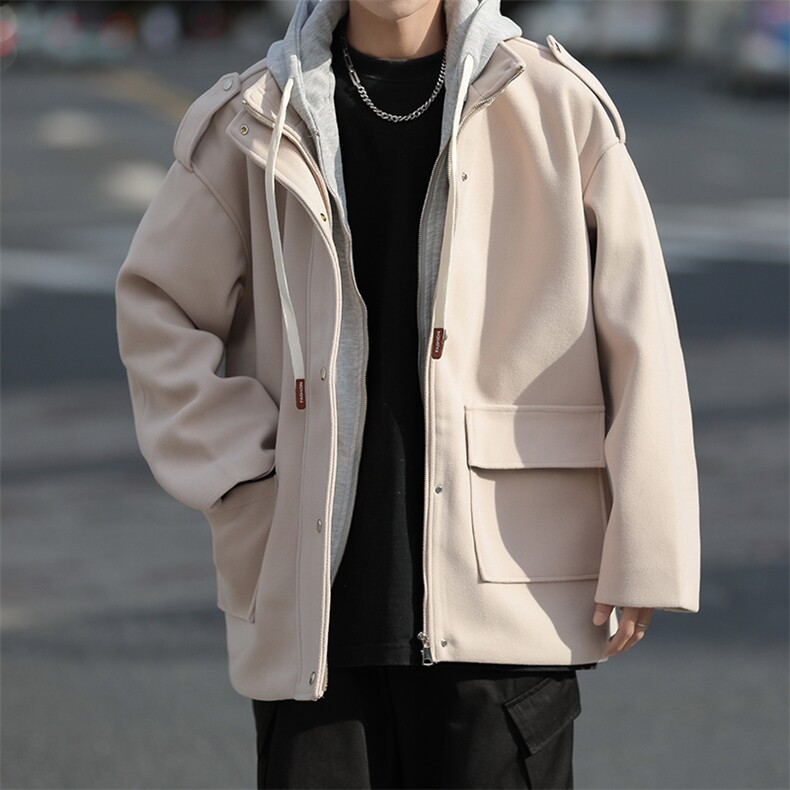 秋冬宽松百搭连帽毛呢大衣新款美式潮牌假两件外套男W7996-P76，男装毛呢大衣，星座512-4