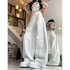 美式复古明线白色弯刀牛仔裤男女2025款宽松阔腿长裤子W2501P38，男装牛仔裤，星座1112-1