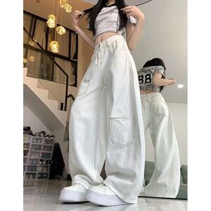 美式复古明线白色弯刀牛仔裤男女2025款宽松阔腿长裤子W2501 P38图片