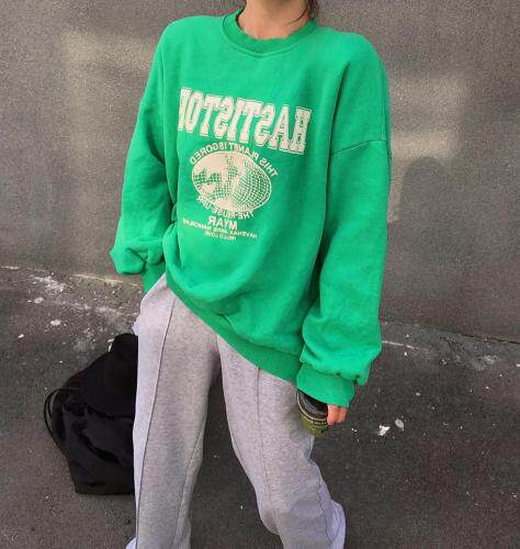 亮色加绒地球卫衣均码，女装卫衣/绒衫，尚映