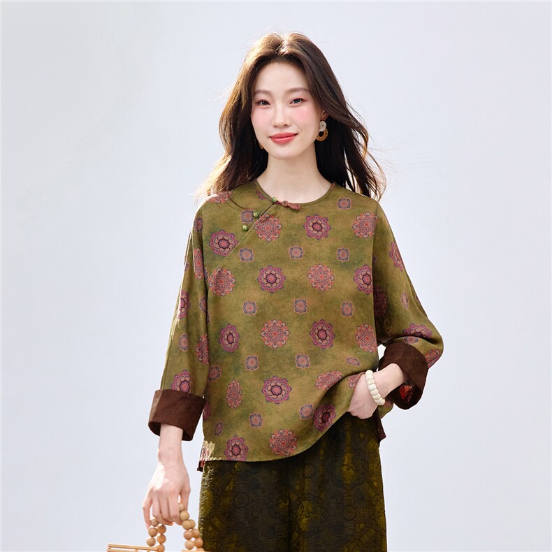 长期现货2026新中式印花上衣女夏季薄款透气中袖衬衫中年妈妈宽松,女装衬衫,璐依舞