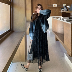 撞色网纱拼接衬衫半身裙套装女2025春秋新款设计感宽松显瘦两件套，女装套装/套裙，2C115