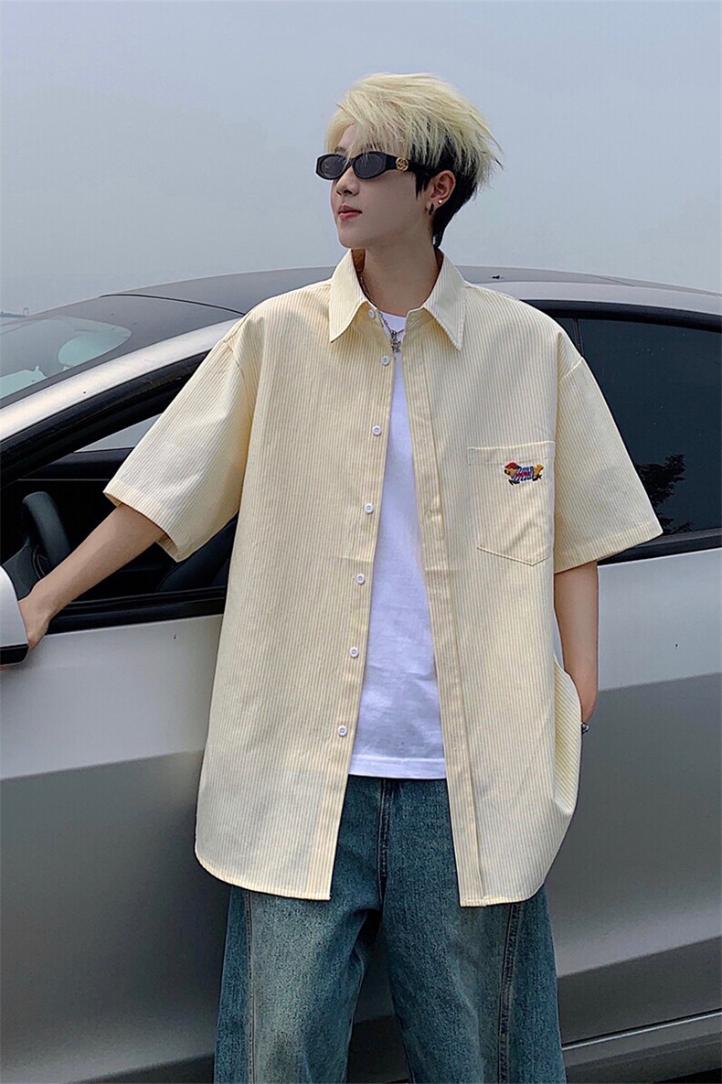 B221美式ins港风宽松薄款条纹短袖衬衫SY2556-特P35控59,男装衬衫,电商B221