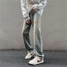 做旧复古黄泥蓝泼墨牛仔裤水洗高街直筒宽松裤子男女N02501-P53，男装牛仔裤，星座308B-2