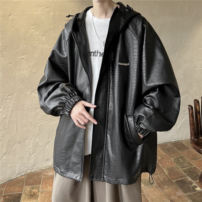 港风连帽鳄鱼纹PU皮衣大码情侣休闲冲锋衣夹克男JK8744P90控128,男装夹克,星座226-1