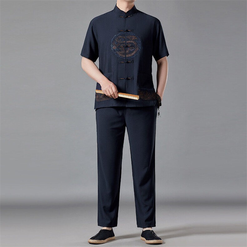 风高品质刺绣提花唐装男装夏季透气中老年人中式汉服爸爸套装,男装休闲套装,钱塘6003（原4033）