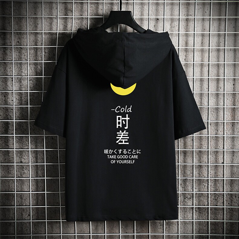 LD54047-P45 连帽短袖t恤男大码胖子带帽五分袖中袖 网格挂拍图片