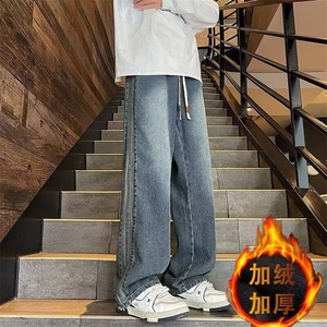侧边条纹牛仔裤秋冬新款男港风穿搭加绒裤子直筒美式百搭休闲长裤图片
