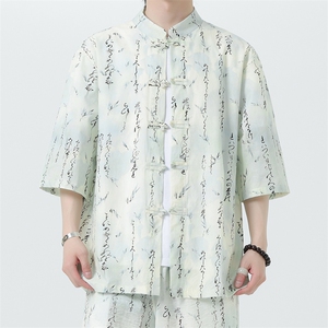2025夏季新款风男装盘扣新中式唐装竹叶印花衬衫 C113-P50图片