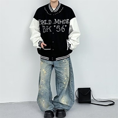 美式钉珠拼接撞色棒球服男春秋潮宽松夹克情侣外套601-1-W656，男装夹克，星座601-1