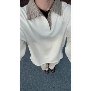老钱风千鸟格长袖T恤男女款夏季拼接polo领高级感cleanfit打底衫图片
