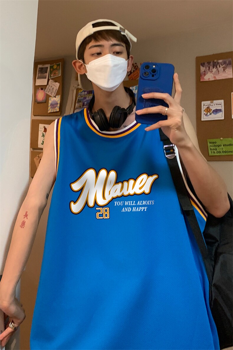 港风纯棉夏季休闲拼色螺纹印花网眼篮球背心男女T6928P35控48,男装背心/马甲,电商A268A