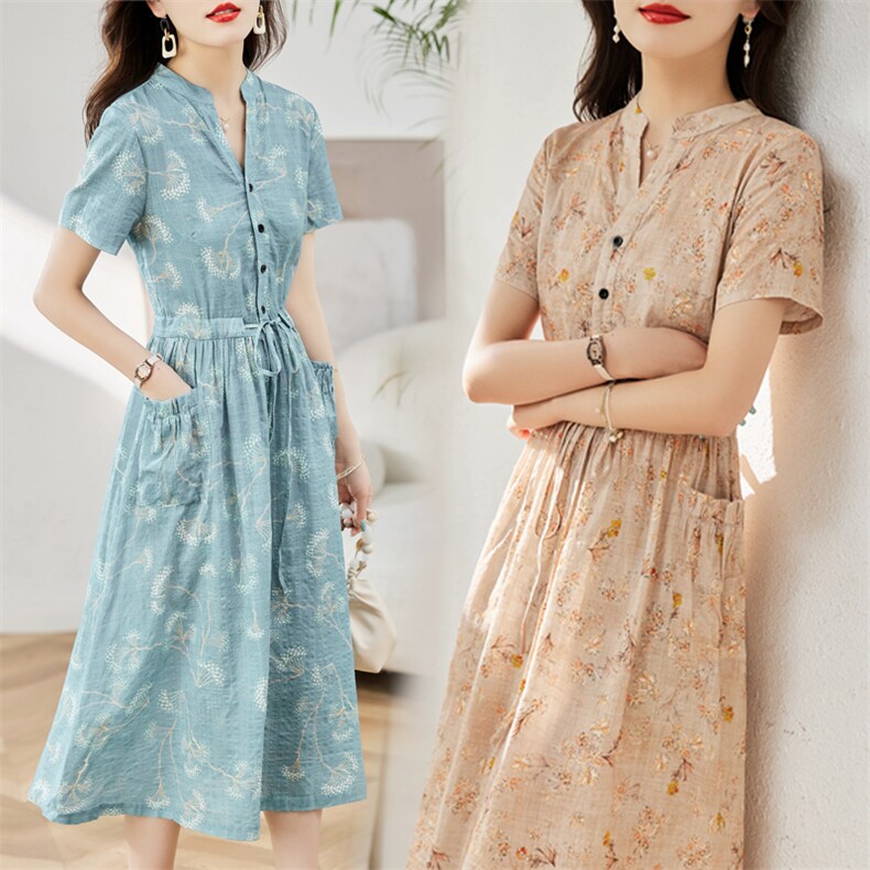 小个子印花棉麻连衣裙女2025夏季新款韩版收腰显瘦气质妈妈A字裙，女装连衣裙，木橙西子
